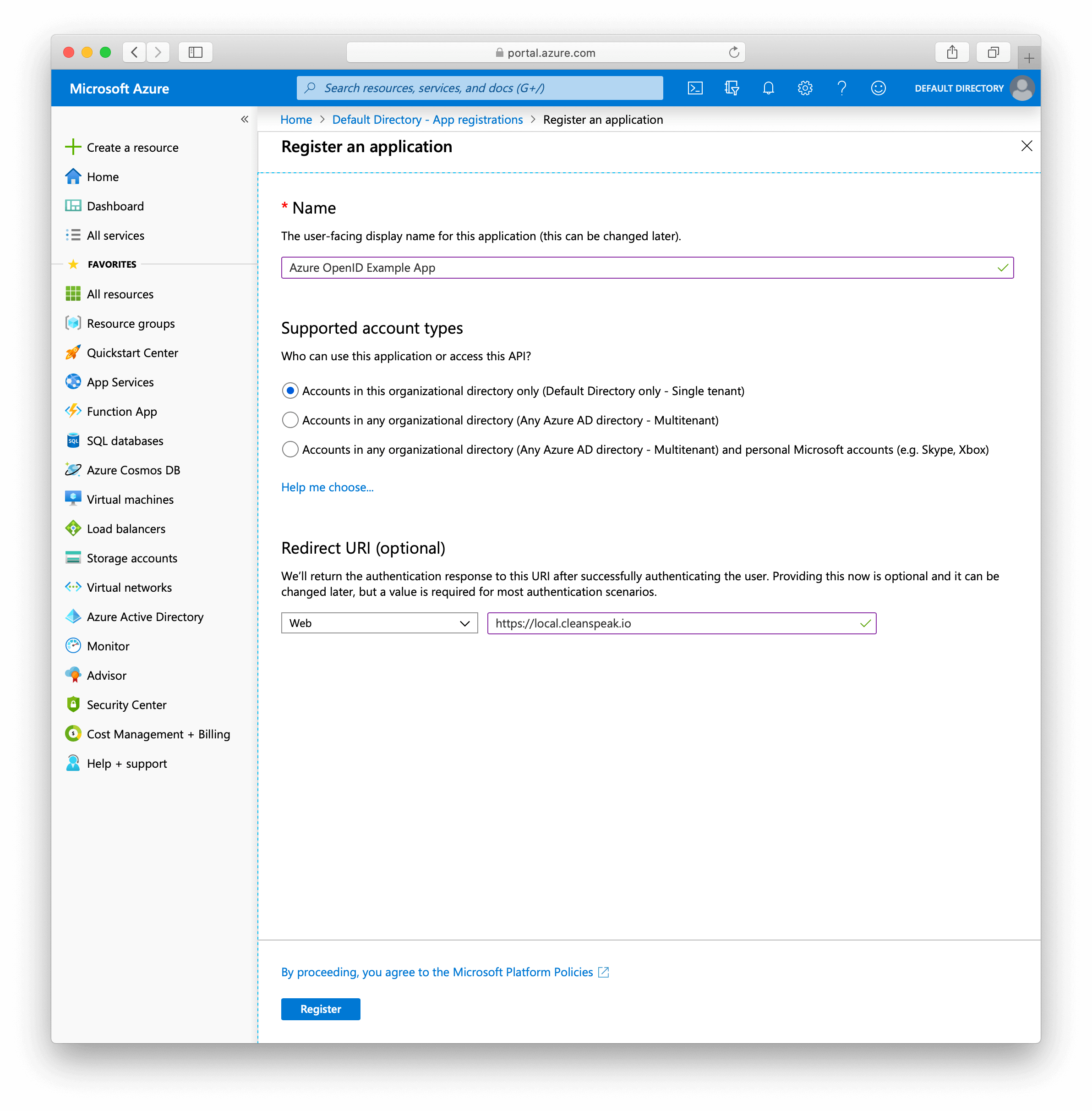 Azure create app ptII