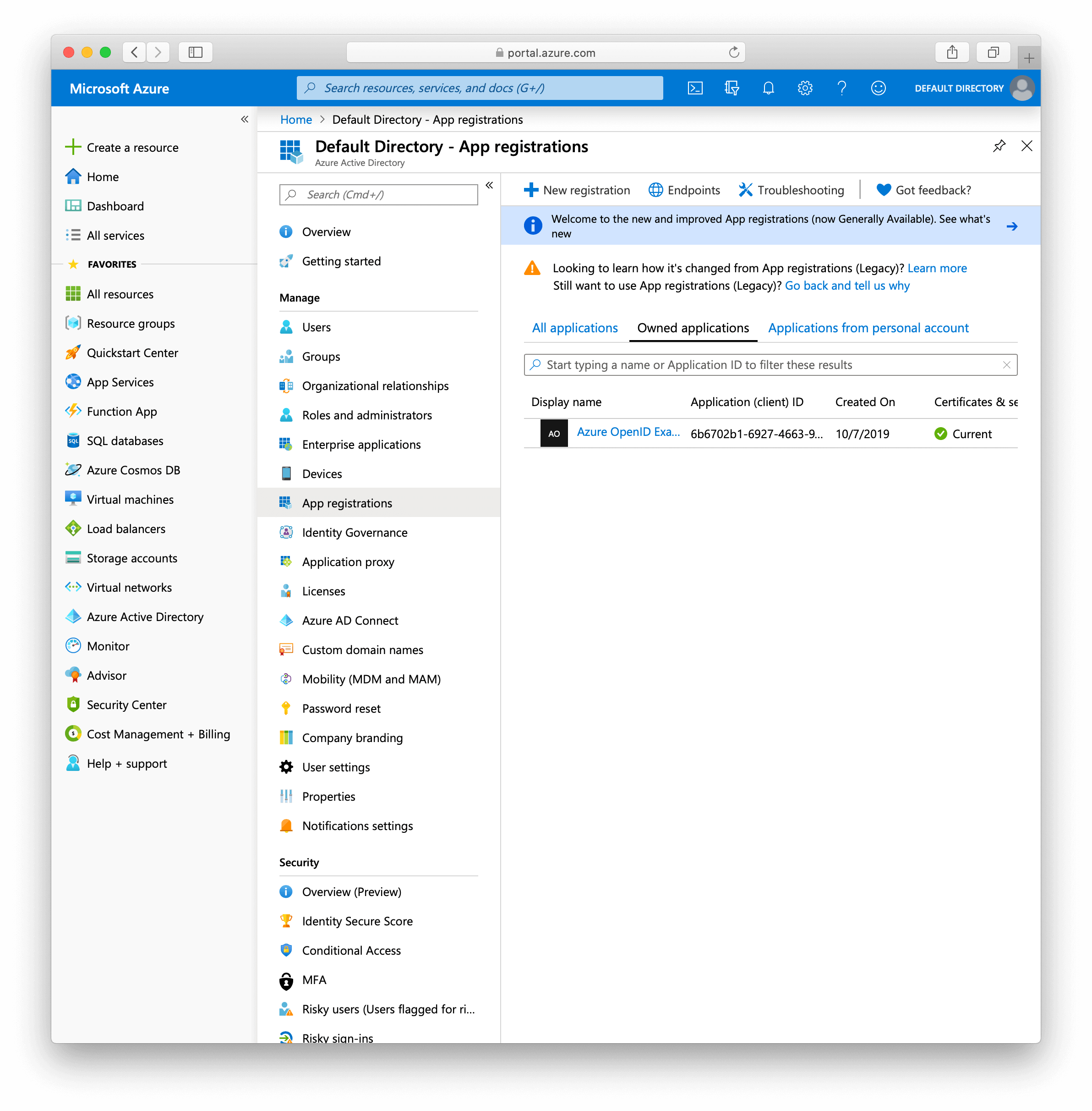 Azure create app screen